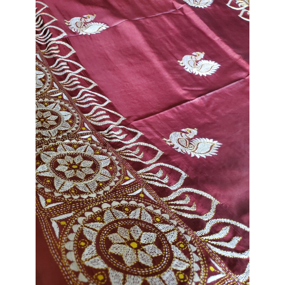 New Women Pure Silk Designer Kantha Saree W BP Kalamkari Festive HandloomWedding - Picture 3 of 15